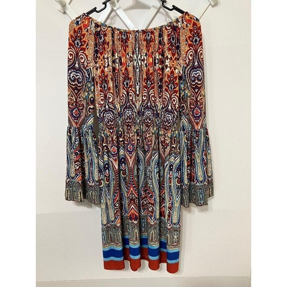 Boston Proper Womans Dress Sz 4 Multicolor Gypsy Boho Smocked Waist Bell Sleeve - Picture 6 of 10